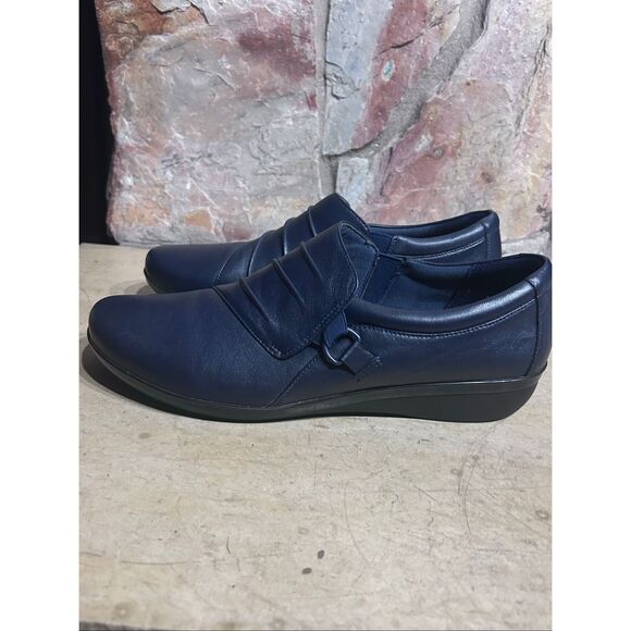 Clarks Collection Navy Leather Ruched Comfort Slip-On Loafers Sz 12M - Picture 4 of 10